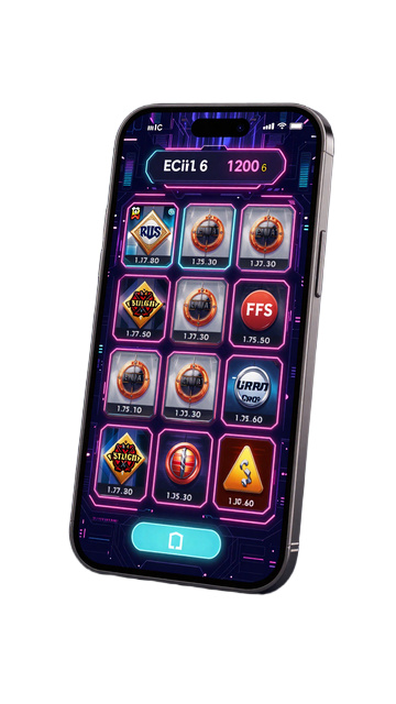 XON Casino mobile App-Ansicht mit Spielautomaten und neon-farbenem Cyberpunk-Design auf Smartphone